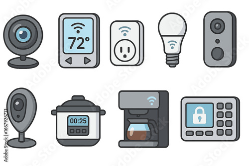 Smart home devices vector icon set. Home automation, Internet of Things concept. Illustration of security camera, thermostat, smart plug, kitchen appliances and doorbell.