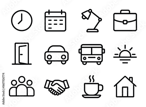 Workday Icons Collection. Outline icon set of end of workday: clock, calendar, desk lamp, briefcase, door, car