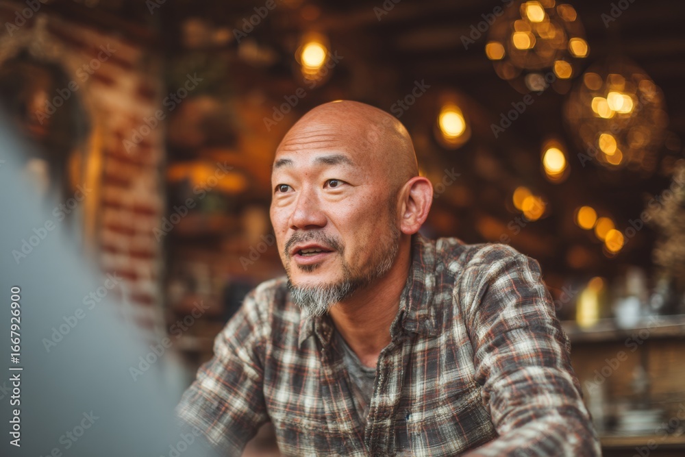 Obraz premium A bald middle-aged Asian man talking passionately during an interview or conversation. A man is sitting at a table in a cozy and stylish restaurant. 