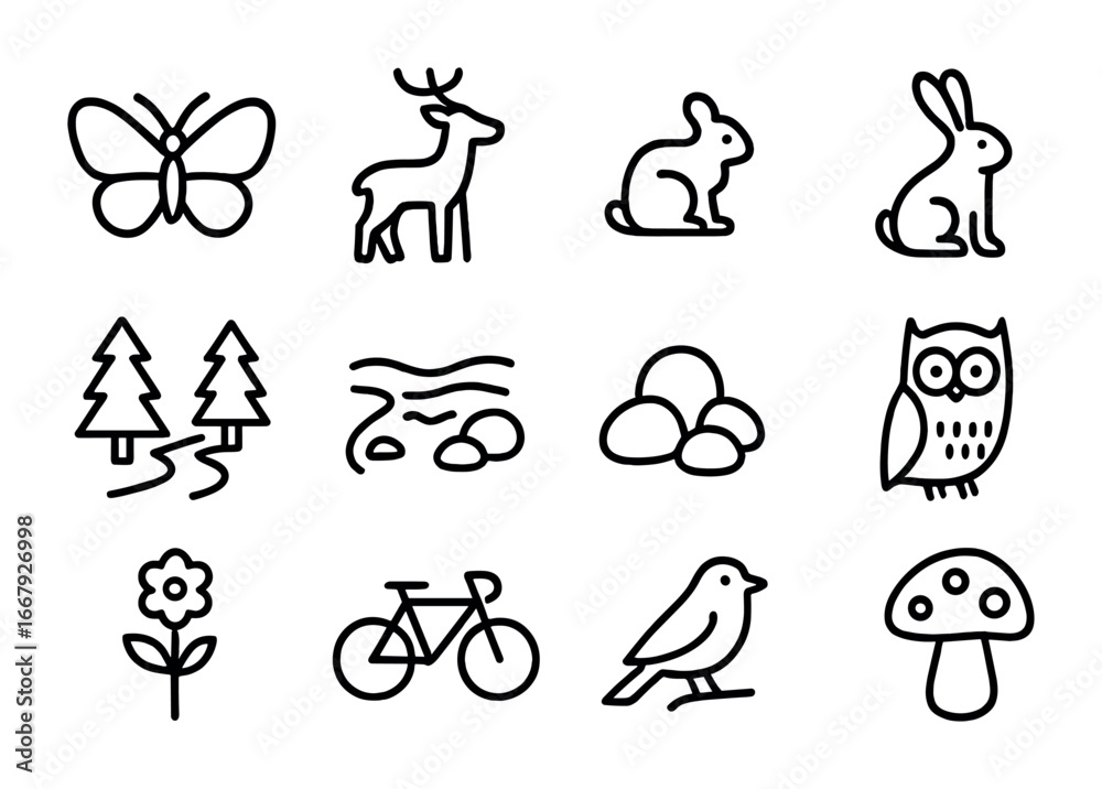 Fototapeta premium Nature Cycling Icons. Outline icon set of cycling in nature: butterfly, deer, squirrel, rabbit, forest path,
