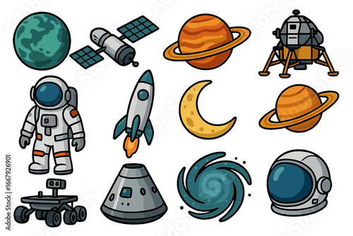 Space exploration icon set. Vector cartoon illustration of astronaut, rocket, planet, satellite, moon, rover, lander, capsule, helmet. Galaxy graphic elements. Cosmos collection.