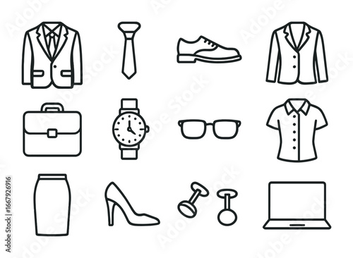 Business Attire Icons. Outline icon set of business attire: suit, tie, dress shoes, blazer, briefcase, watch,