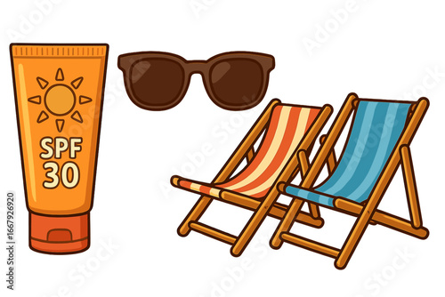 Summer beach essentials vector set. Sunscreen, sunglasses, and deck chairs for vacation relaxation. Sun protection items for holiday fun. Cartoon illustration icon collection.
