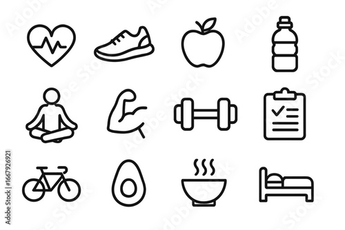 Health and wellness line icon set. Healthy lifestyle concept. Vector symbols for fitness, diet, sport, training, workout, yoga, relaxation, sleep, nutrition and good habits.