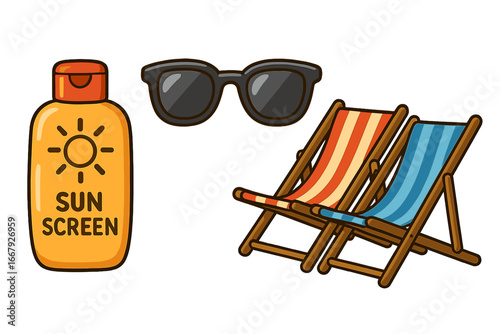 Summer beach vacation essentials set. Vector cartoon illustration of sunscreen, sunglasses, and deck chairs for relaxation. Sun protection, travel, holiday, and fun concept.