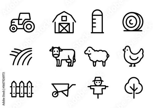 Farm Icon Collection. Outline icon set of farm surroundings: tractor, barn, silo, hay bale, plowed field, cow,