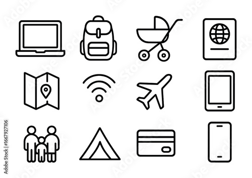 Digital Nomad Icons. Outline icon set of digital nomad family lifestyle: laptop, backpack, stroller, passport,