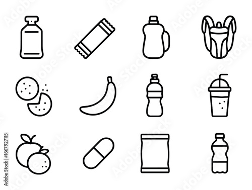 Endurance Nutrition Icons. Outline icon set of endurance nutrition: energy gel, protein bar, water flask,