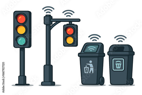 Smart city technology vector icon set. Intelligent traffic light and smart waste bin for urban automation. Concept IoT for traffic control and trash management infrastructure.