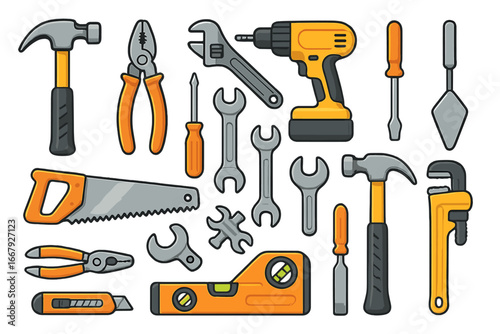 Vector tool kit icon set for construction, repair, and carpentry. Handyman equipment for workshop and DIY projects. Hammer, drill, wrench, screwdriver, saw, cartoon illustration.