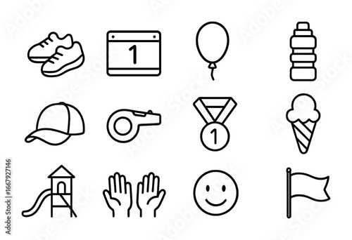 Children's Marathon Icons. Outline icon set of children’s marathons: small shoes, bib number, balloon, water