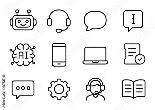 Customer Support Icons. Outline icon set of automated customer support: chatbot, headset, speech bubble, FAQ