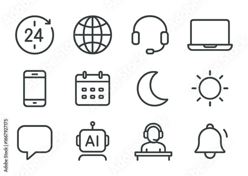 24_7 Support Icons. Outline icon set of 24/7 support: clock, globe, headset, laptop, mobile phone, calendar,