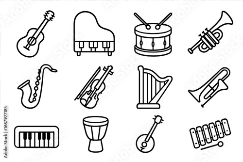 Music instrument icon set. Vector outline collection of musical symbols. Guitar, piano, drum, trumpet, saxophone, violin, harp. Sound, harmony, melody, orchestra, band concept.