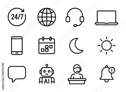24_7 Support Icons. Outline icon set of 24/7 support: clock, globe, headset, laptop, mobile phone, calendar,