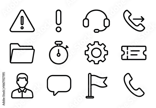 Customer Escalation Icons. Outline icon set of customer escalation process: warning triangle, exclamation mark