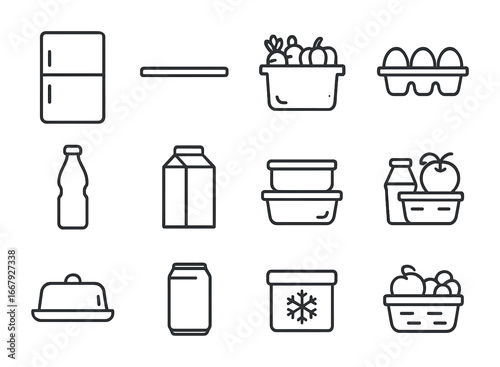 Fridge Icons Grid. Outline icon set of organizing fridge shelves: refrigerator, glass shelf, vegetable drawer,