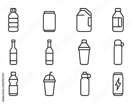 Beverage Icon Grid. Outline icon set of beverage organization: water bottle, soda can, juice box, milk jug,