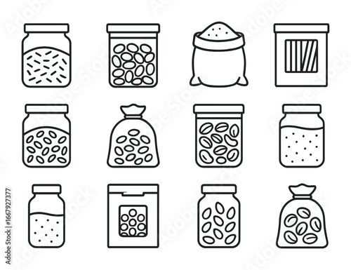 Bulk Food Icons. Outline icon set of bulk food organization: rice jar, beans container, flour sack, pasta box,