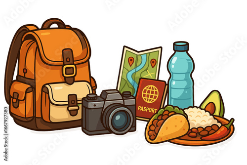 Travel essentials for a vacation trip. Backpack, camera, passport, map and local food. Mexican cuisine adventure concept. Vector cartoon illustration for tourism journey.