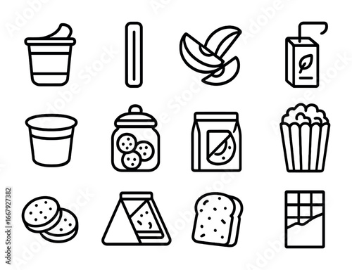 Snack Icons Grid. Outline icon set of snack organization: yogurt cup, cheese stick, apple slices, granola bar,