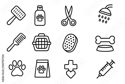 Pet care outline icon set with grooming tools, hygiene essentials, veterinary symbols, pet food, and health icons in vector cartoon style on transparent background