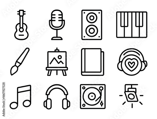 Café Art Icon Set. Outline icon set of café art and music: guitar, microphone, speaker, piano keys, paintbrush