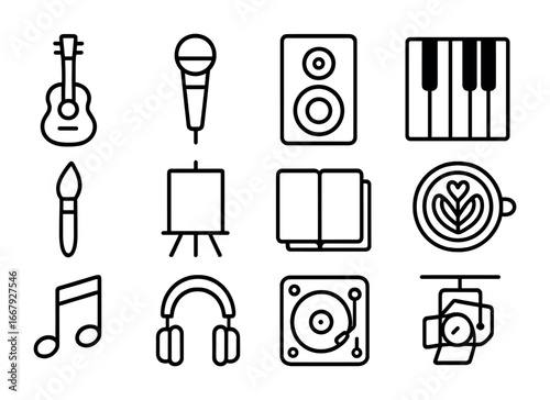 Café Art Icon Set. Outline icon set of café art and music: guitar, microphone, speaker, piano keys, paintbrush
