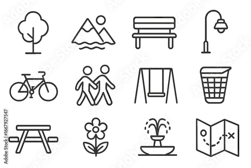 Park and Recreation Line Icon Set with Nature, Outdoor Activities, Urban Amenities, and Vector Cartoon Illustrations on Transparent Background, Ordered Collection of 12 Icons