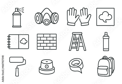 Graffiti Tools Icons. Outline icon set of graffiti art: spray paint can, mask, gloves, stencil, sketchbook,