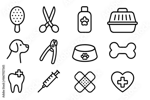 Pet care outline icon set with grooming tools, hygiene essentials, veterinary symbols, dog care items, medical supplies, and pet accessories in vector cartoon style with transparent background