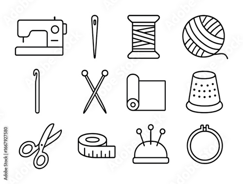 Textile Arts Icons. Outline icon set of textile arts: sewing machine, needle, thread spool, yarn ball, crochet