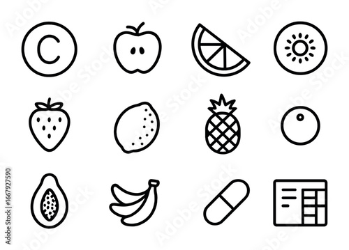 Fruit Vitamin Icons Grid. Outline icon set of vitamins from fruits: vitamin C icon, apple slice, orange wedge,