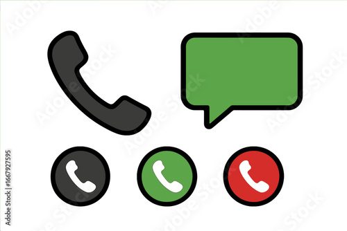 Phone icon and chat bubble icon vector isolated elements with black, green, and red buttons in smartphone interface, flat design, EPS 10 stock vector cartoon illustration