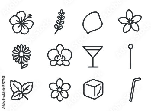 Floral Garnish Icons. Outline icon set of floral garnishes: hibiscus, lavender sprig, rose petal, jasmine