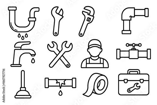 Plumbing Maintenance Icon Set with Pipes, Tools, Repair Symbols, Leak and Faucet Illustrations, Plumber Character, Toolbox and Tape, Vector Cartoon Outline Collection for Repairs