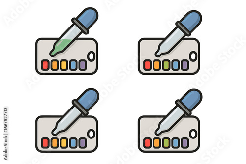 Color Picker Pipette Palette Icon Set, Spectrum Tool Illustration, Cartoon Style Vector Graphics with Transparent Background, Ordered Collection of Color Selection Tools