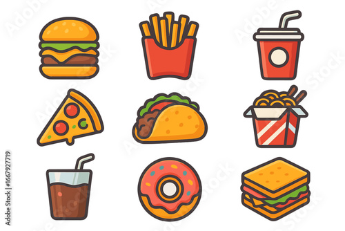 Fast food icon collection. Vector cartoon set of popular takeout food items. Burger, pizza, fries, soda, taco, noodles, donut and sandwich. Junk food graphic design elements.
