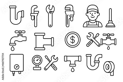Plumbing maintenance icon set, pipes, tools, repair symbols collection, plumbing fixtures, wrench, faucet, pipe fittings, plumber tools vector cartoon illustration, transparent background