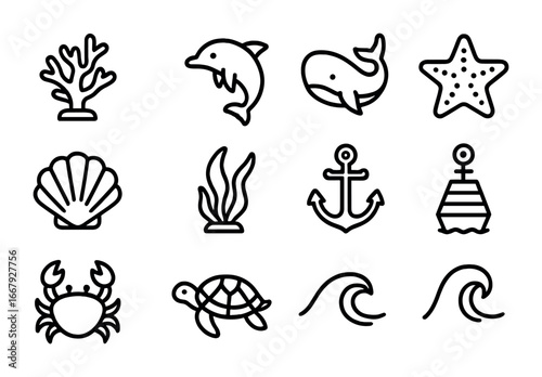 Marine Reserve Icons. Outline icon set of marine reserves: coral reef, dolphin, whale, starfish, seashell,