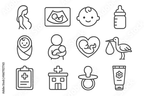 Pregnancy and Baby Care Line Icon Set, Maternity and Newborn Healthcare Vector Cartoon Illustration, Medical Symbols for Infant Care and Parenting, Transparent Background