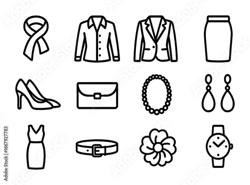 Women's Formalwear Icons. Outline icon set of women’s formalwear: scarf, blouse, blazer, skirt, heels, clutch