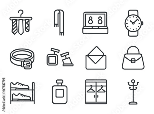 Accessory Icons Grid. Outline icon set of accessories organization: tie rack, scarf hanger, jewelry box, watch