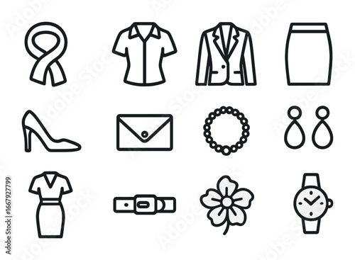 Women's Formalwear Icons. Outline icon set of women’s formalwear: scarf, blouse, blazer, skirt, heels, clutch