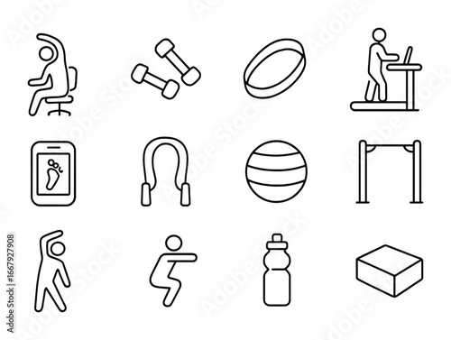 Workplace Fitness Icons. Outline icon set of workplace fitness: desk yoga, mini dumbbells, resistance band,