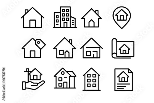 Real estate property icons set, home and building outline symbols, architecture vector collection, cartoon style, transparent background, ordered set of 12 icons for realty and construction