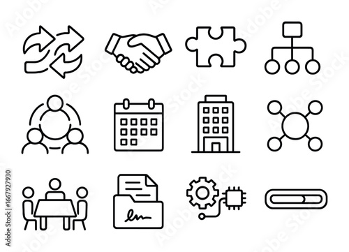 Post-Merger Icons. Outline icon set of post-merger integration: arrows joining, handshake, puzzle pieces, flow