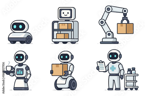Set of robots. Automation technology. Vector icons of delivery bot, industrial arm, medical assistant, and warehouse android. Future AI concept. Cartoon character collection.