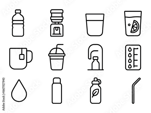 Hydration Icon Set. Outline icon set of hydration at work: water bottle, dispenser, glass cup, lemon water,