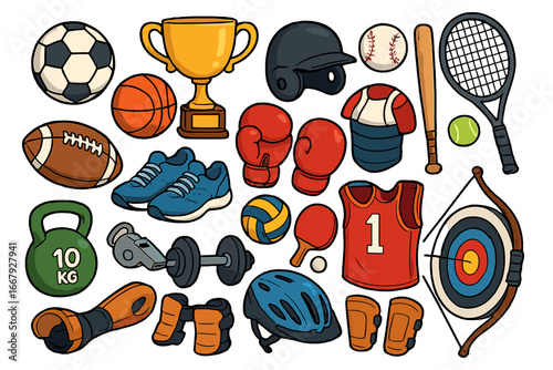 Sports equipment big set. Athletic gear collection. Vector icons for competition. Football, soccer, basketball, baseball, boxing, tennis, fitness. Cartoon illustration.